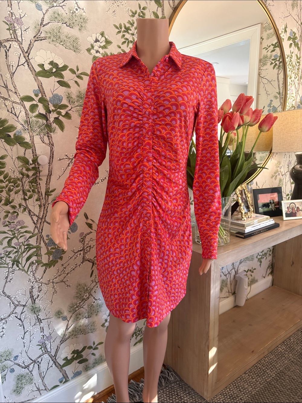 Ruched Long-Sleeve Pink & Red Patterned Shirt Dress